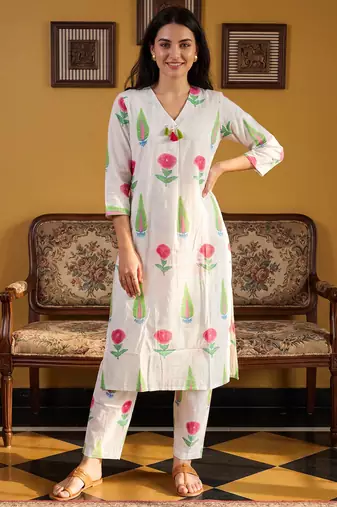 White printed cotton kurta trouser set