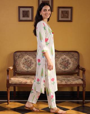 White printed cotton kurta trouser set 4