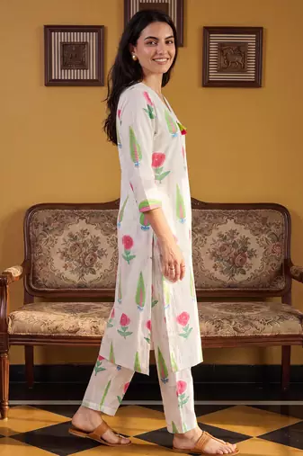 White printed cotton kurta trouser set