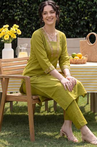 Green embroidered cotton kurta trouser set