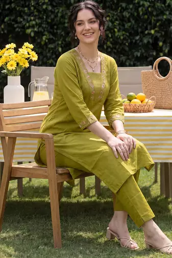 Green embroidered cotton kurta trouser set