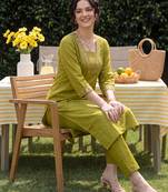 Green embroidered cotton kurta trouser set