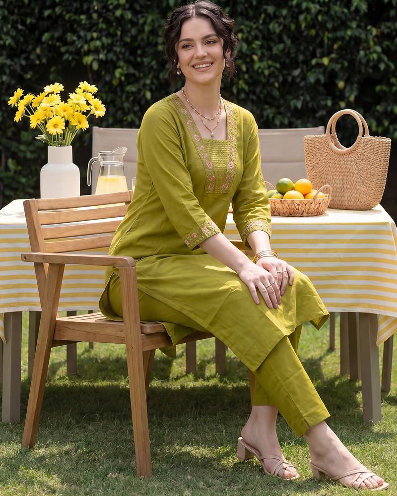 Green embroidered cotton kurta trouser set