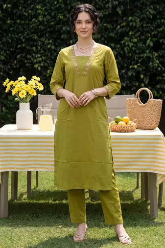 Green embroidered cotton kurta trouser set