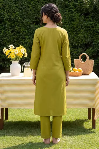 Green embroidered cotton kurta trouser set