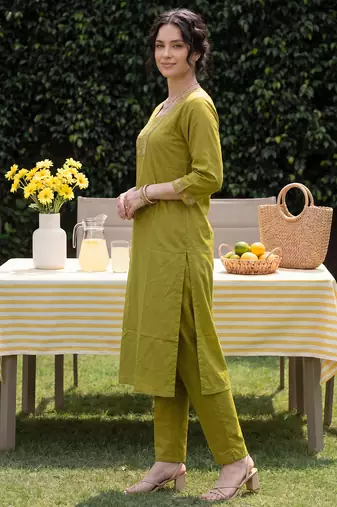 Green embroidered cotton kurta trouser set