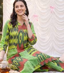 Green printed cotton kurta trouser set