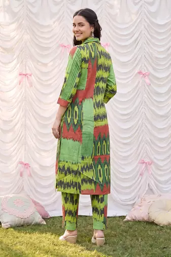 Green printed cotton kurta trouser set