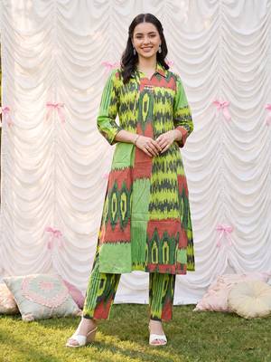 Green printed cotton kurta trouser set 1