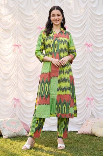 Green printed cotton kurta trouser set