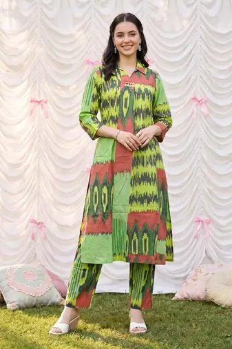 Green printed cotton kurta trouser set