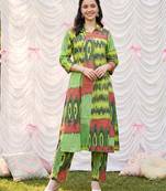 Green printed cotton kurta trouser set