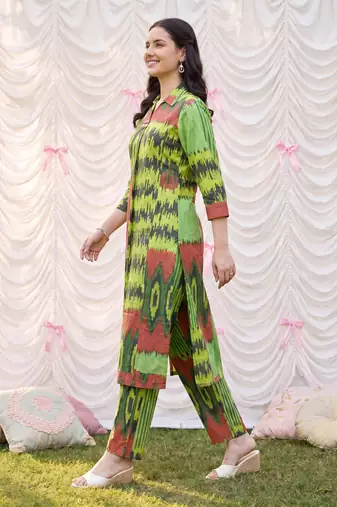 Green printed cotton kurta trouser set
