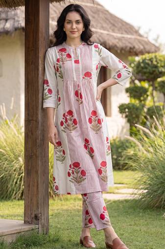 Pink printed cotton kurta trouser set