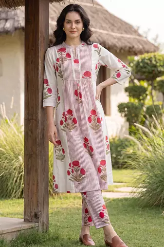 Pink printed cotton kurta trouser set