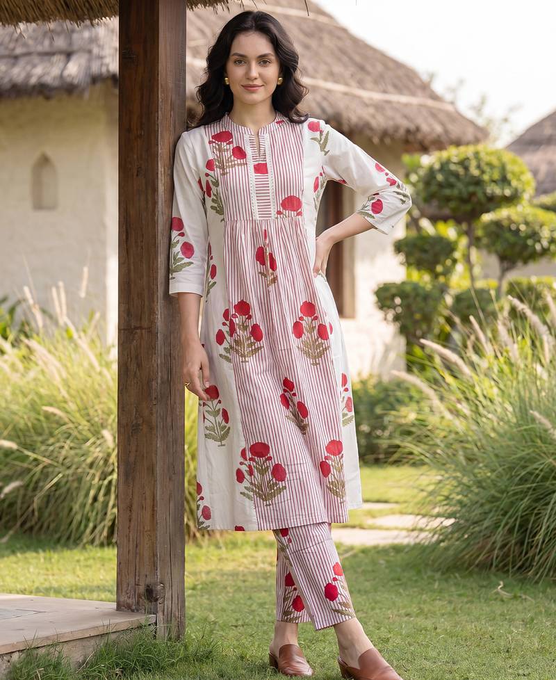 Pink printed cotton kurta trouser set