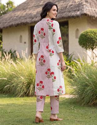 Pink printed cotton kurta trouser set 2