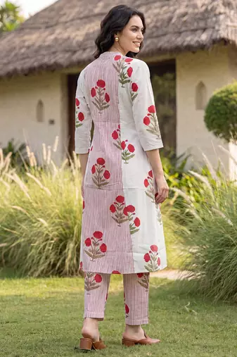 Pink printed cotton kurta trouser set
