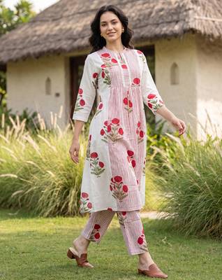 Pink printed cotton kurta trouser set 3