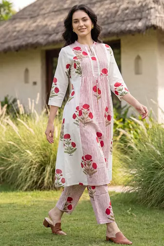 Pink printed cotton kurta trouser set