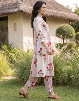 Pink printed cotton kurta trouser set 4