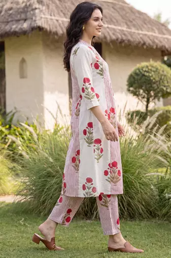 Pink printed cotton kurta trouser set