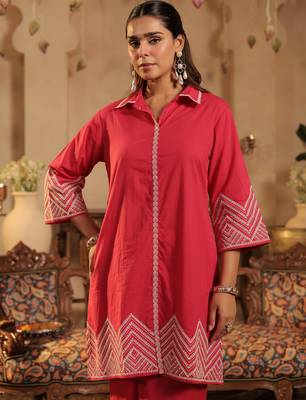 Pink embroidered cotton kurta trouser set 1