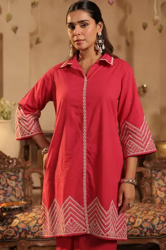 Pink embroidered cotton kurta trouser set