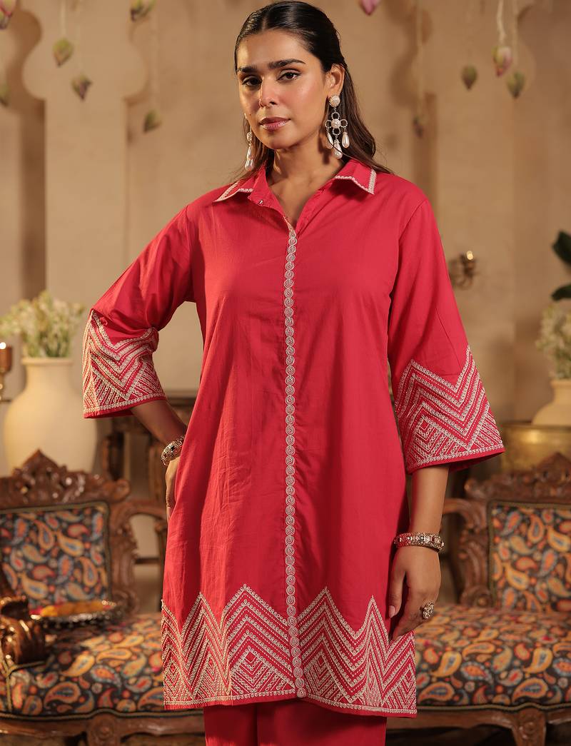 Pink embroidered cotton kurta trouser set