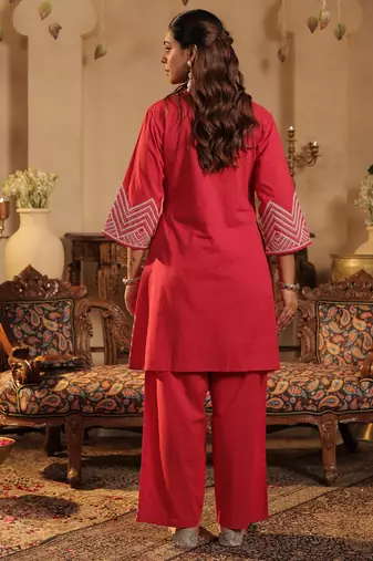 Pink embroidered cotton kurta trouser set