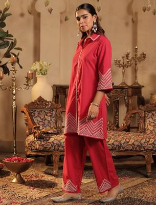 Pink embroidered cotton kurta trouser set 3