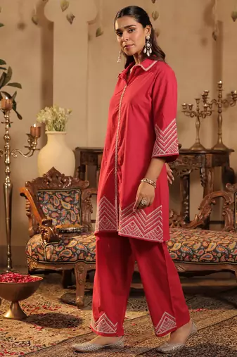 Pink embroidered cotton kurta trouser set