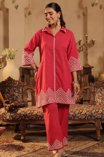 Pink embroidered cotton kurta trouser set