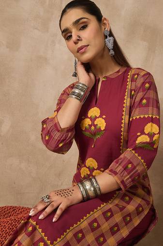 Red printed cotton kurta trouser set