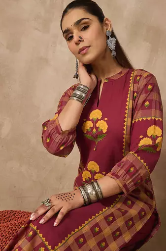 Red printed cotton kurta trouser set