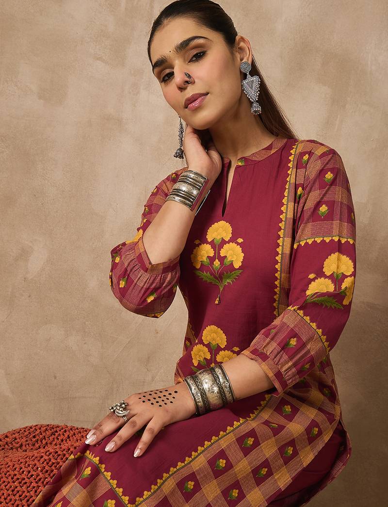 Red printed cotton kurta trouser set