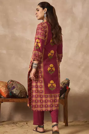 Red printed cotton kurta trouser set