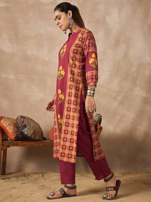 Red printed cotton kurta trouser set 3