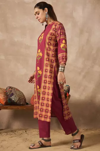 Red printed cotton kurta trouser set
