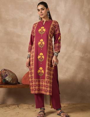 Red printed cotton kurta trouser set 4