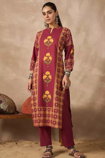 Red printed cotton kurta trouser set