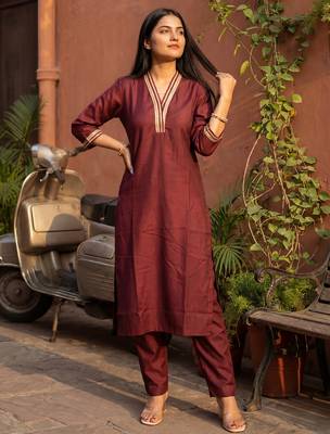 Brown printed silk kurta trouser set 1