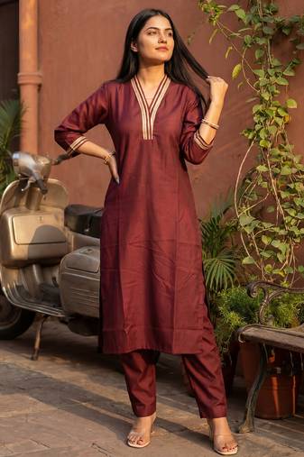 Brown printed silk kurta trouser set