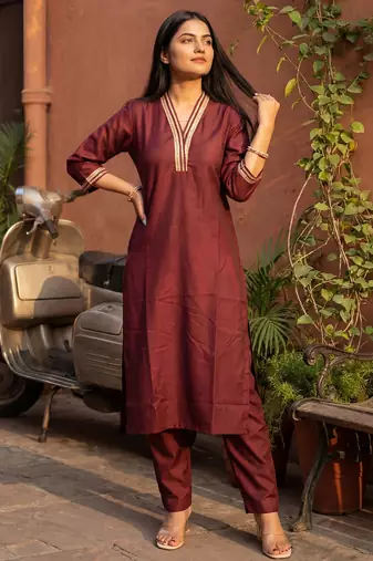 Brown printed silk kurta trouser set
