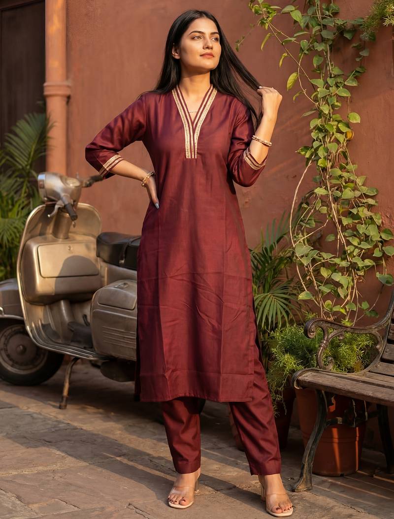 Brown printed silk kurta trouser set