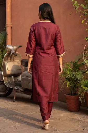 Brown printed silk kurta trouser set