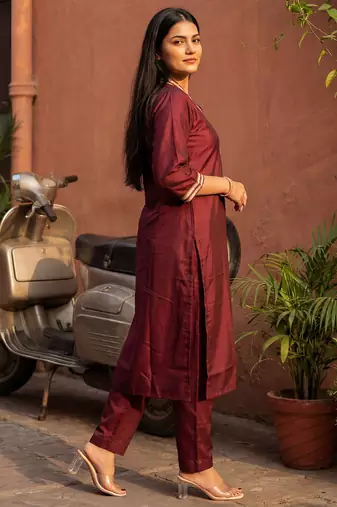 Brown printed silk kurta trouser set