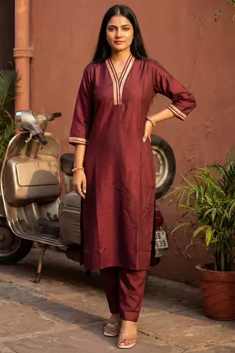 Brown printed silk kurta trouser set