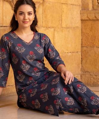 Teal printed cotton kurta trouser set 1