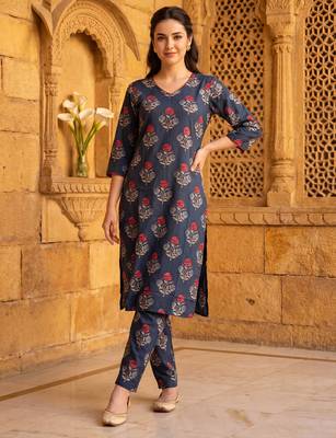 Teal printed cotton kurta trouser set 2